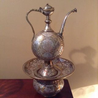 Cairoware Ewer And Basin.  Silver,  Copper,  Brass