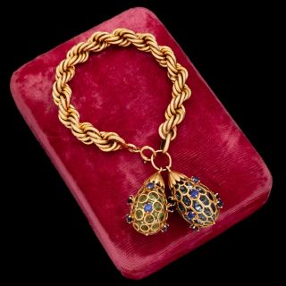 Antique Vintage Deco Retro 14k 18k Gold Sapphire Aquamarine Huge Charm Bracelet