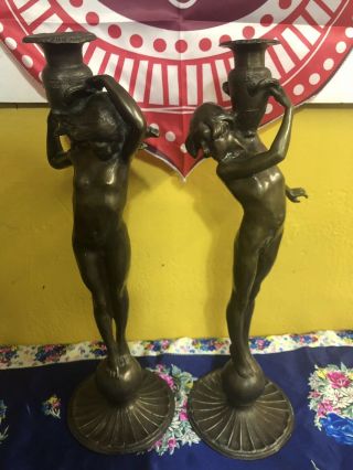 Antique Ed Mccartan Boy & Girl Bronze Candlestick Holders - Signed
