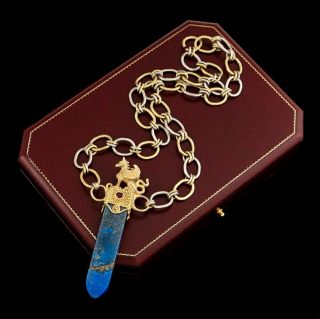 Antique Vintage Deco 18k Gold Egyptian Revival Lapis Lazuli & Sapphire Necklace