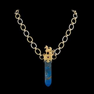 Antique Vintage Deco 18k Gold Egyptian Revival Lapis Lazuli & Sapphire Necklace 2