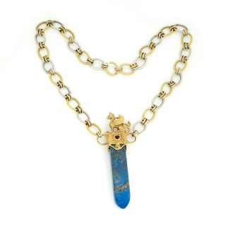 Antique Vintage Deco 18k Gold Egyptian Revival Lapis Lazuli & Sapphire Necklace 3