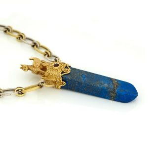 Antique Vintage Deco 18k Gold Egyptian Revival Lapis Lazuli & Sapphire Necklace 4