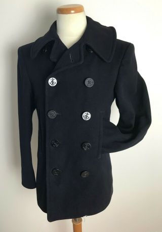 Vtg 40s Us Navy Wool Pea Coat 36 Usn 10 - Button Wwii Corduroy Pockets Stencil Ww2