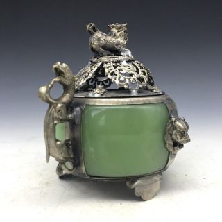 Vintage OLD China JADE Tibet silver incense burner Handwork Armored dragon lion 2