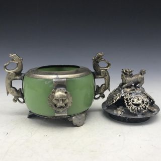 Vintage OLD China JADE Tibet silver incense burner Handwork Armored dragon lion 4