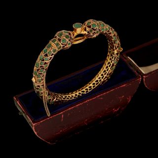 Antique Vintage Nouveau 14k Yellow Gold Mughal Wedding Emerald Bangle Bracelet 2