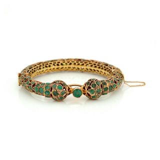 Antique Vintage Nouveau 14k Yellow Gold Mughal Wedding Emerald Bangle Bracelet 3