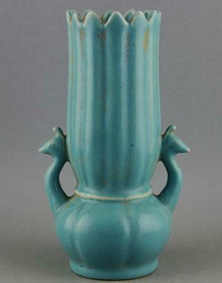 Chinese Old Hand Made Azure Glazed Porcelain Two Phoenix Statue Vase D01