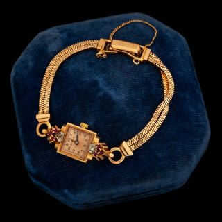 Antique Vintage Deco Retro 14k Rose Gold Bulova Ruby Diamond Chain Wristwatch