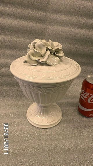 1758m Vtg Itlay 9 " Compote Gray - White Porcelain W/flowers On Lid Perfect