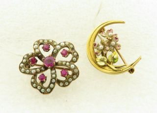 Antique 10 Kt & 14 Kt Gold Enamel Ruby & Seed Pearl Pins.
