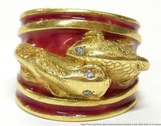 Massive 18k Gold Diamond Red Enamel Ring 24.  9gr Vintage Arts Crafts Dbl Fish Koi