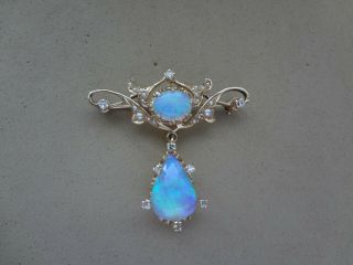 Vintage Sb 14k Yg 2 Pc Opal Pendant W/ Pear Shape Dangle & Seed Pearls,  Diamonds
