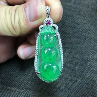 Collectible S925 Silver & Green Jadeite Jade Handwork Chinese Rich Beans Pendant