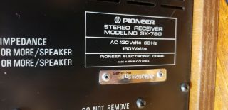 Vintage Pioneer SX - 780 AM/FM Stereo Receiver 150 Watts 60Hz Great Sx - 780 10