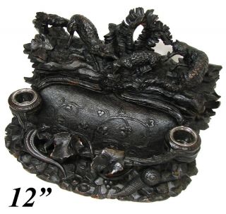 Antique Victorian Black Forest Carved Double Inkwell: Foxes,  Lamb,  Lizard,  Snail