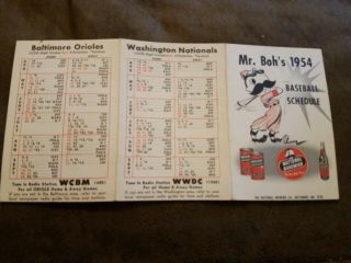 VIntage 1954 Baltimore Orioles & Washington Nationals Pocket Schedule Mr.  Boh ' s 3