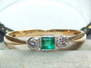 Solid 18ct Gold C1930s Art Deco Natural Emerald & Diamond Set Ring