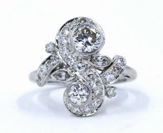 Art Deco 14k White Gold Diamond Cluster Bypass Ring G Color, .  50ct Center,