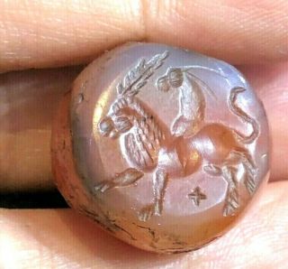 Ancient Carenlian Stamp Dome Seal Deer On Lion Feather Hair Intaglio Big Bead