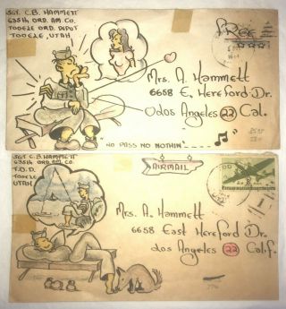 (5) Wwii Us Army Soldiers Hand Drawn Cartoon Mailed Envelopes.