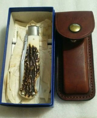 Vintage Cutco 1882 " Bullwhip " Stag Handle Lock - Back Knife W/leather Sheath & Box
