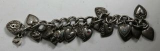Vintage Sterling Silver Puffy Heart Charm Bracelet 17 Charms