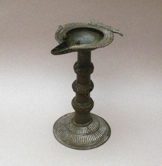 Antique Bronze Pedestal Fat / Oil Lamp 24cm Hindu Indian / Persian / Tibetan