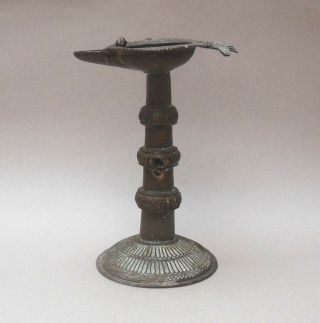 Antique Bronze Pedestal Fat / Oil Lamp 24cm Hindu Indian / Persian / Tibetan 3