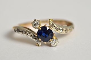 Fine Edwardian 18ct Gold & Platinum Sapphire & Diamond Crossover Engagement Ring