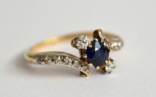 Fine Edwardian 18ct gold & Platinum sapphire & diamond crossover engagement ring 2