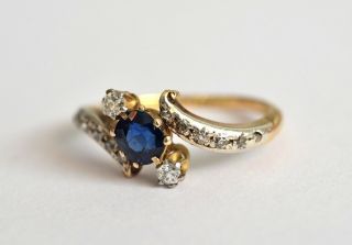 Fine Edwardian 18ct gold & Platinum sapphire & diamond crossover engagement ring 3
