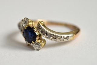 Fine Edwardian 18ct gold & Platinum sapphire & diamond crossover engagement ring 7