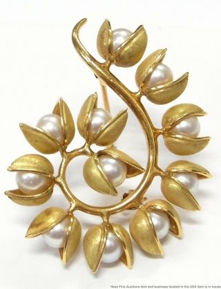 Tiffany Co.  18k Gold Fine Cultured Akoya Pearl Pin Large Vintage Floral Brooch