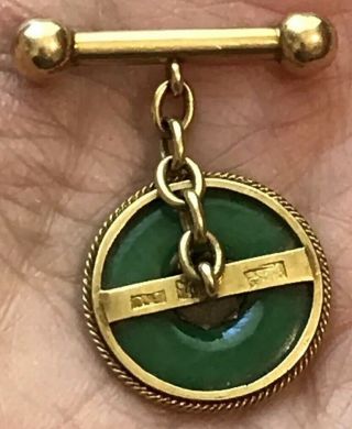 Vintage Custom Hand Made 24K Gold Green Jade “T”& “H” Disc Cufflinks 7.  7g w/Box 4