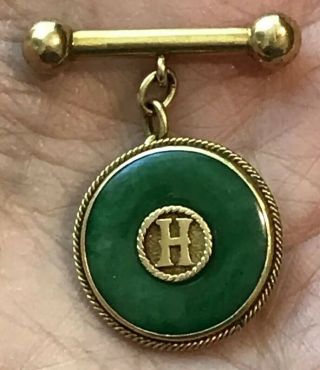 Vintage Custom Hand Made 24K Gold Green Jade “T”& “H” Disc Cufflinks 7.  7g w/Box 6