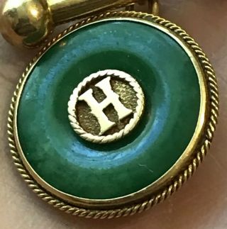 Vintage Custom Hand Made 24K Gold Green Jade “T”& “H” Disc Cufflinks 7.  7g w/Box 7