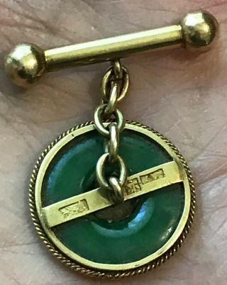 Vintage Custom Hand Made 24K Gold Green Jade “T”& “H” Disc Cufflinks 7.  7g w/Box 8
