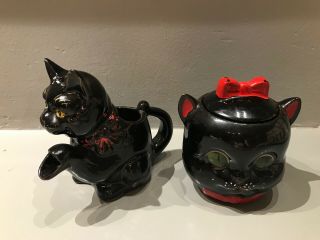 Vintage Redware 1950s Black Cat Sugar Bowl And Creamer