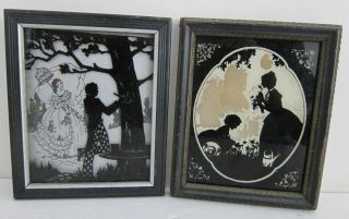 2 Antique Miniature Reverse Painted Victorian Silhouettes On Glass Framed 4x5ea