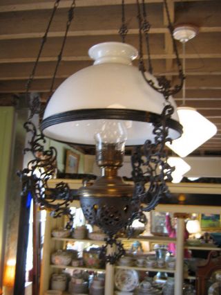Antique,  19thc,  Hanging Oil Lamp,  Milk Glass Shade