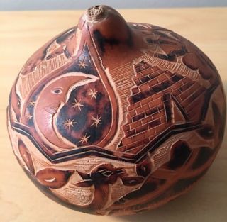 Vintage Peruvian Decorative Hand Carved Art Squash Gourd