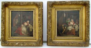 Antique 19th Century Framed Paintings On Tin - Romantic Scenes