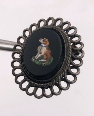 Antique Micro Mosaic Seated Dog In Black Onyx Sterling Silver Pin Brooch 6g