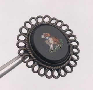 Antique Micro Mosaic Seated Dog In Black Onyx Sterling Silver Pin Brooch 6g 2