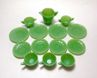 Vtg Akro Agate Green Glass Jadeite Childrens Tea Set 14pc Miniature