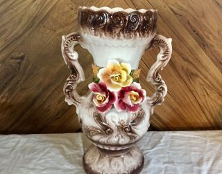 Antique Capodimonte Porcelain Vase With Roses,  2 Handled Ornate,  Made In Italy.