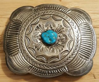 Vintage Navajo Wilbert Benally Engraved Sterling Silver Turquoise Belt Buckle