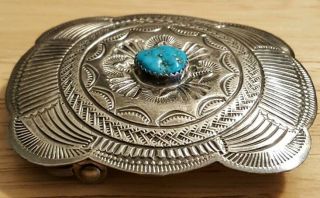 Vintage Navajo WILBERT BENALLY Engraved Sterling Silver Turquoise Belt Buckle 2
